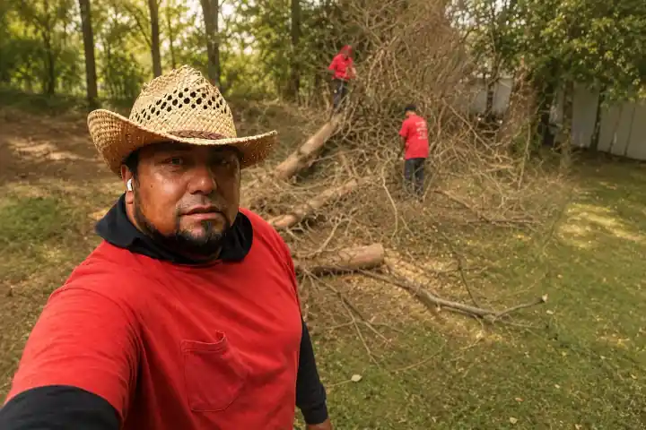 R-Flores crew clearing a small tree and brush from a residential yard